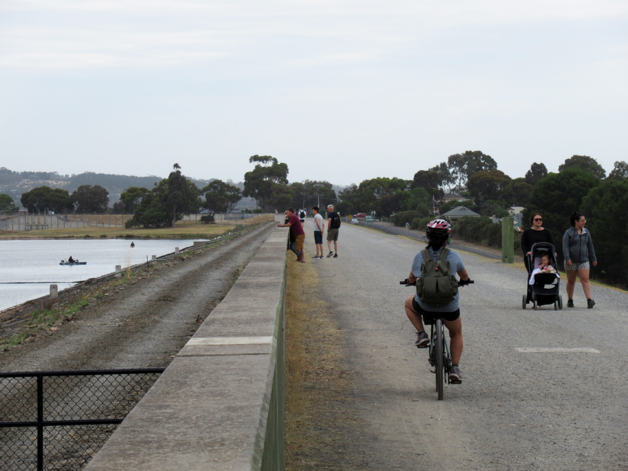 Walking along the dam wall section of the circuit